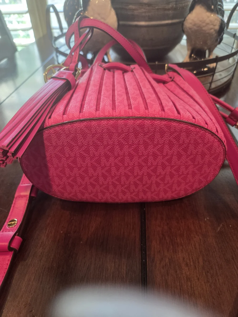 Michael Kors Pink Drawstring Pleated Bucket Bag Raspberry Signature Crossbody.